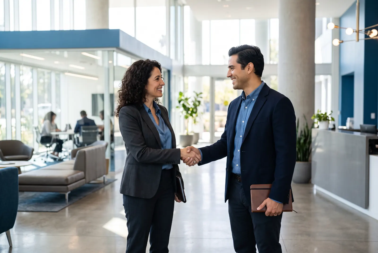 Dos profesionales estrechando la mano en una oficina moderna