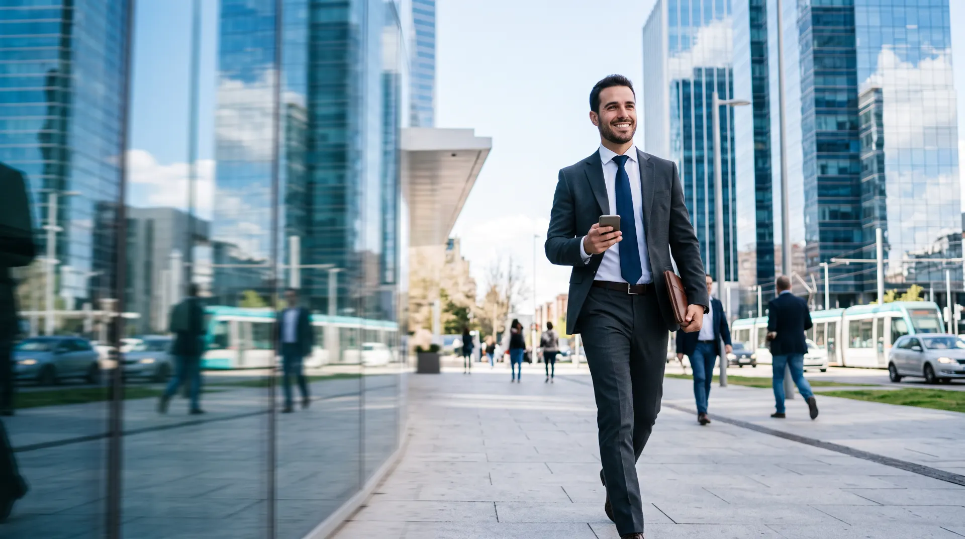 Comercial sonriente caminando con su móvil entre edificios de oficinas